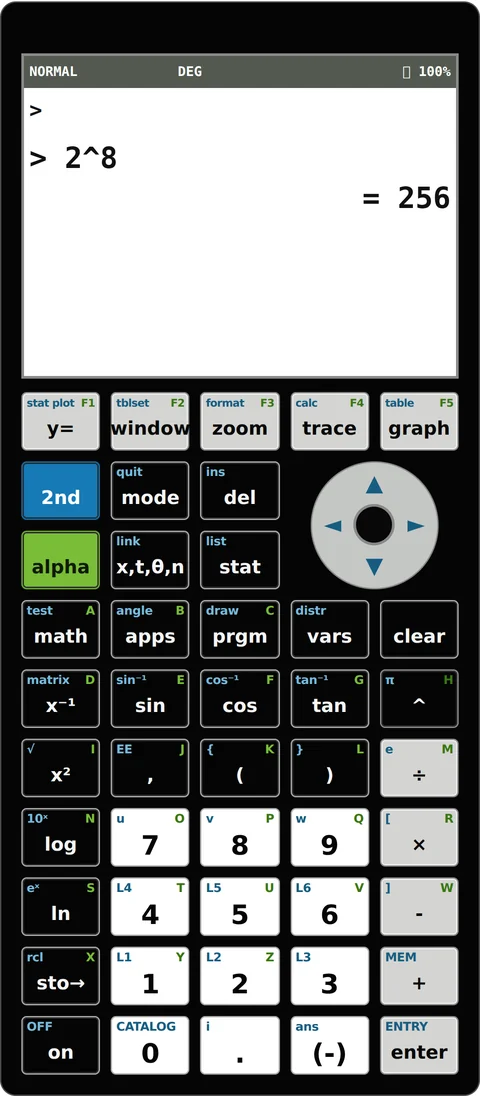 Digital Rank Studio calculator showing 2 to the power of 8 equals 256